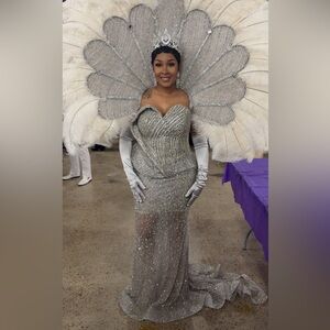 Elegant Silver Beaded Gown with Feathered Wings
